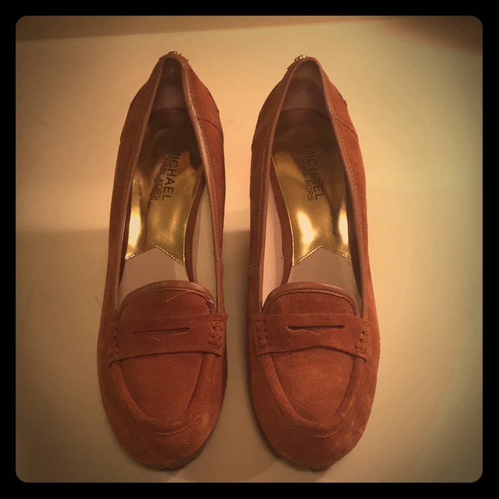 Suede Penny Loafer Wedges by Michael Kors